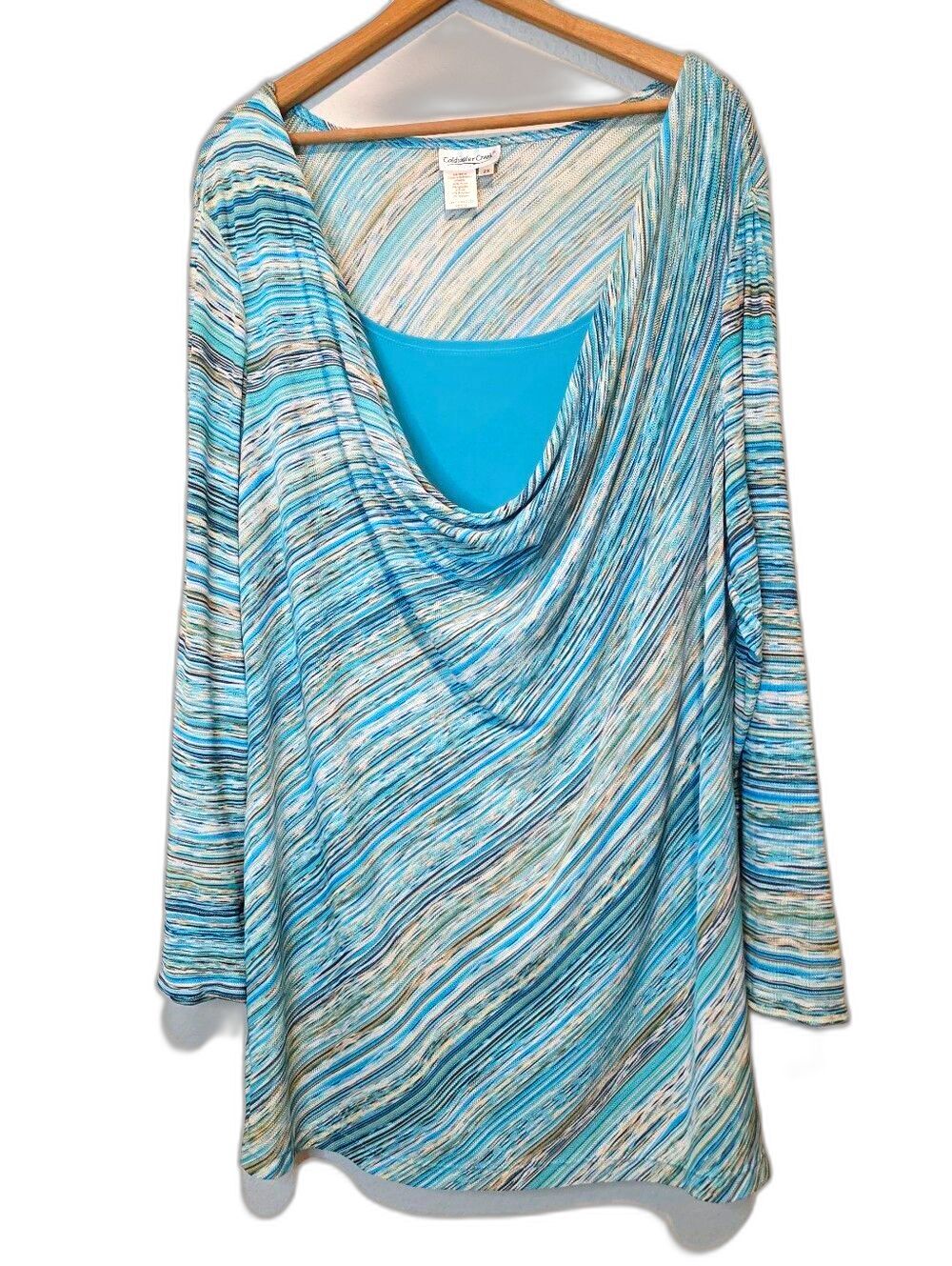 Coldwater Creek Cowl Neck Top Layered Look Teal Blue Coastal Resort Size 2X